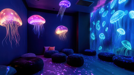 Neon glowing jellyfish lamps in dark room for ambient decor