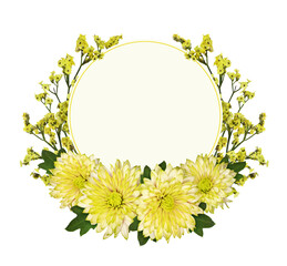 Yellow limonium flowers and chrysanthemums  in a floral arrangement and empty card for text isolated on white oe transparent background