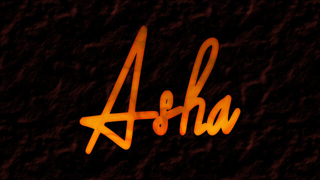 3D fire text effect of name Asha on dark background.