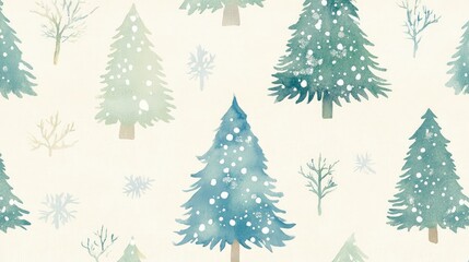 Subtle watercolor-style Christmas trees in pastel green and blue, with gentle snowy accents on a light background.