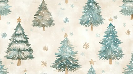 Fototapeta premium Subtle watercolor-style Christmas trees in pastel green and blue, with gentle snowy accents on a light background.