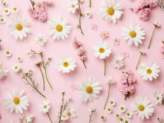 a seamless pastel pink background adorned with delicate white and pink flowers such as daisies and cherry blossoms, skillfully arranged for a soft, elegant aesthetic perfect for text overlay