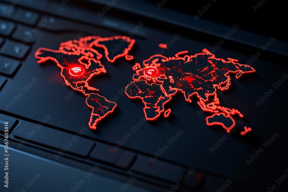 Poster digital dashboard with world map showing active cyber threat zones and red alerts