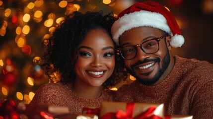 Cozy Couple in Sweaters with Holiday Background