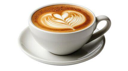 A warm cappuccino coffee with foam art served in a white cup and saucer placed on a clean white background