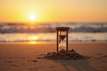 Tranquil sunset on a sandy beach with hourglass representing the passage of time and reflection.