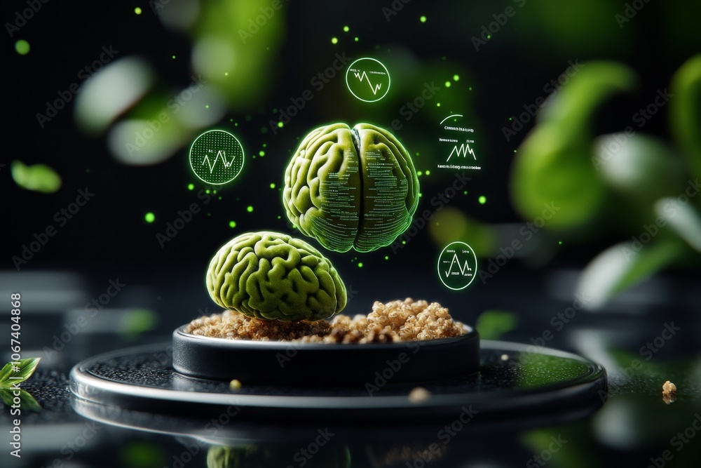 Poster Futuristic display of brain-boosting foods with holographic nutritional data and mental clarity indicators floating around them