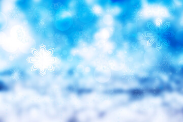 Abstract blurred festive delicate winter christmas or Happy New Year background with shiny blue and white bokeh lighted stars. Space for your design. Card concept.