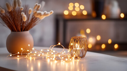 Warm ambiance with led string lights and candle for cozy home decor