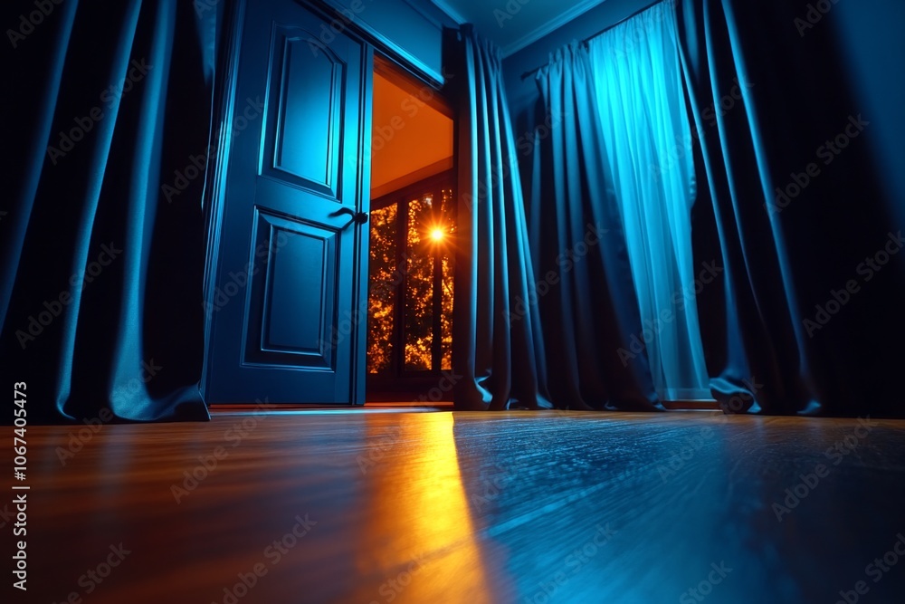 Poster Gothic-style dark room with light filtering in through heavy curtains, representing a somber wake-up call