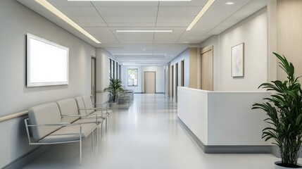 Fototapeta premium Modern Hospital Hallway with White Frame Mockup. AI generated illustration