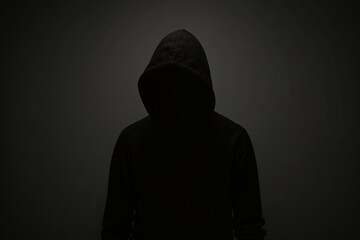 Mysterious figure in dark hooded jacket against shadowy background - concept of anonymity and enigma for creative design.