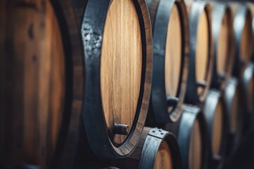 Rows of wooden barrels, stacked in a dimly lit wine cellar, their rich brown wood and iron hoops, creating a sense of history, tradition, and the promise of aged wine.