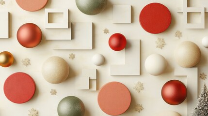 Circular and square ornaments in muted holiday colors, arranged in a modern, geometric pattern on a creamy backdrop.