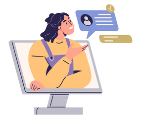 A person in a yellow and purple outfit appears to interact from within a computer monitor, engaging in a conversation via chat bubbles. Ideal for online communication, social media, remote work