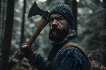 A lumberjack prepares to chop wood in a dense forest during a foggy morning, showcasing strength and nature\'s beauty