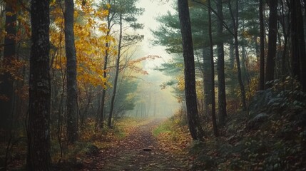 Fototapeta premium A serene forest path lined with tall trees showcases the beauty of nature, with soft sunlight filtering through the leaves and creating a magical atmosphere. The path leads to a mysterious destination