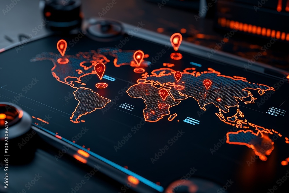 Poster large map on a screen with cyber threat alerts popping up, symbolizing global cyber intelligence net