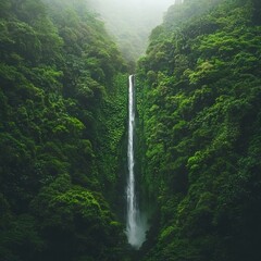 Fototapeta premium A stunning waterfall cascading through lush green forests in a misty landscape.