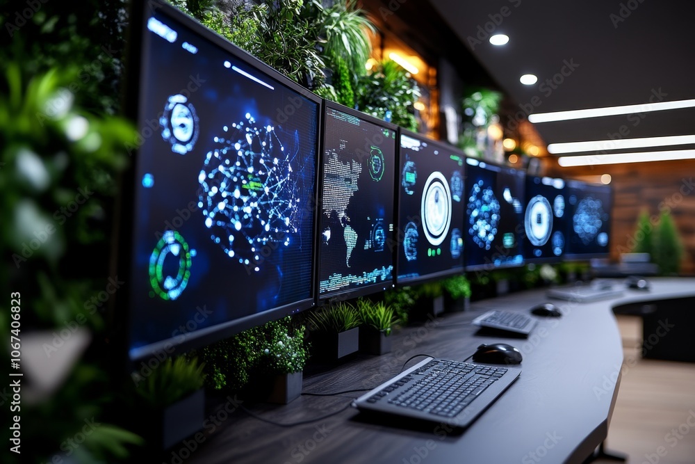 Aufkleber Large room filled with monitors showing data maps, digital security symbols, and threat alerts, representing a cyber intelligence command center