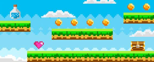 Retro pixel art showing a platformer game level with floating platforms hearts coins clouds and a treasure chest against a blue sky. Ideal for game design nostalgia retro gaming arcade games and © robu_s