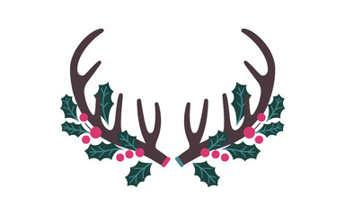 Fototapeta premium Pair of reindeer antlers adorned with red berries and holly on a PNG transparent background. Ideal for festive and holiday-themed designs.