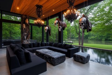 Magical living space with Gothic candelabras, floating skulls, and Western saddles, creating an otherworldly atmosphere