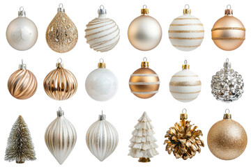 Fototapeta premium Christmas Ornament Collection Gold White Glitter Bauble Decoration Holiday Festive , for design element, transparent background or isolated on white