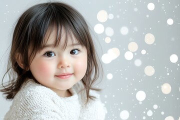 Smiling girl with long hair, blue eyes, wearing pink dress outdoors in sunlight.