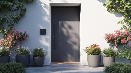 A contemporary home has a gray wooden front door. The white walls are adorned with flower pots that hold various plants.