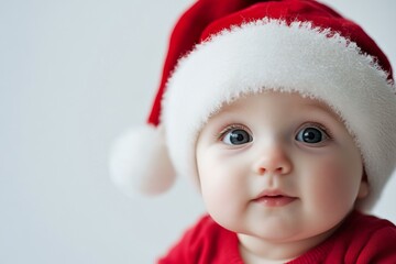 Smiling baby in red Santa hat, joyful holiday spirit, warm lighting.