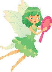 Naklejka premium Beautiful fairy with green hair and dress flying while holding a pink mirror, sparkling magical creature with wings, charming mythical character from fantasy world