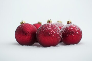 Three red Christmas balls resting on pristine white snow, festive holiday decor.