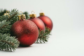 Red, green Christmas ornaments on white background, festive holiday decor.