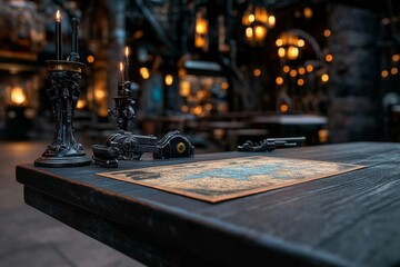 Old-fashioned writing desk with Gothic candlesticks, vintage revolvers, and Western map, in a dimly lit space