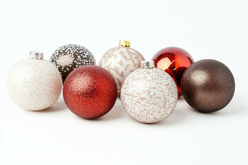 Red gold Christmas ornaments on snowlike white background, festive holiday decor.