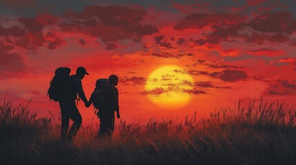 Fototapeta premium Couple with backpacks walking towards a sunset on a grassy hill.