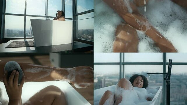 Split screen of delighted Biracial woman washing herself with love and care in soapy bathtub, enjoying relaxing atmosphere of luxury and richness in high-rise bathroom with panoramic windows