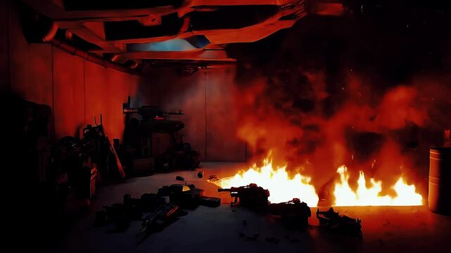 an underground bunker, The bunker&rsquo;s flickering lights cast long shadows across the machinery and weapons scattered throughout the room.a deafening explosion rips through