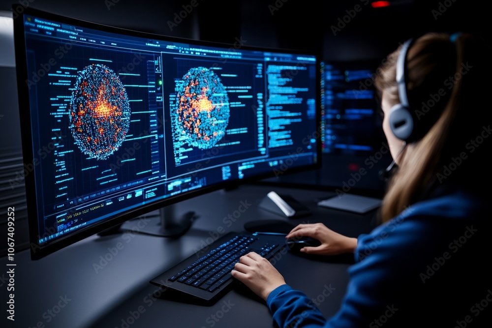 Poster person in a dark room monitoring global threat data on a large screen, symbolizing real-time cyber i