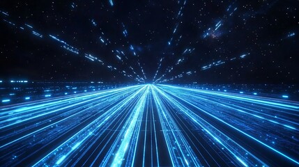 Futuristic Road Under a Starry Sky with Glowing Blue Lines. AI generated illustration