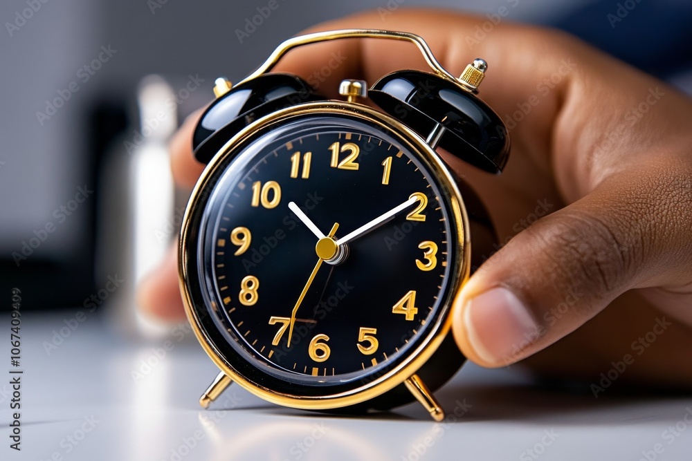 Poster Person setting an alarm clock before bed, preparing for an intentional start to the day with a wake-up call