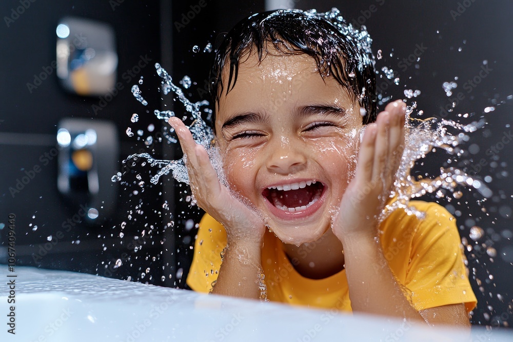 Aufkleber person splashing water on their face in a bathroom mirror, capturing the refreshing effect of a morn