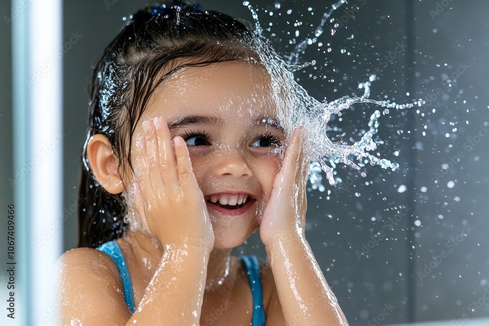 Poster person splashing water on their face in a bathroom mirror, capturing the refreshing effect of a morn