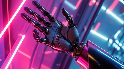 Sci-fi robot hand reaching out from glowing light box with metallic details reflecting neon lights