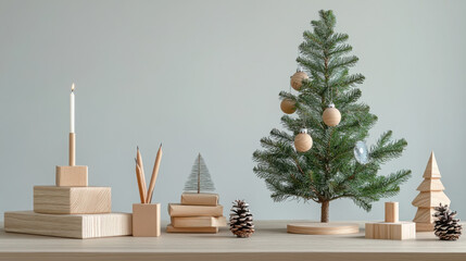 Minimalistic eco-friendly christmas scene with wooden decor and pine tree for festive design