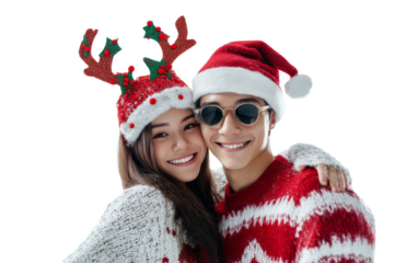 Portrait of Asian couple in Santa hats and Christmas sweaters for Christmas celebration isolated on transparent png background.