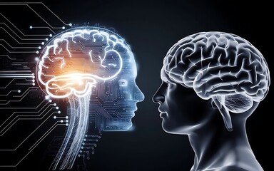 Obraz premium Human Brain and Artificial Intelligence: A futuristic concept depicting the intersection of human and artificial intelligence, represented by two brains facing each other.