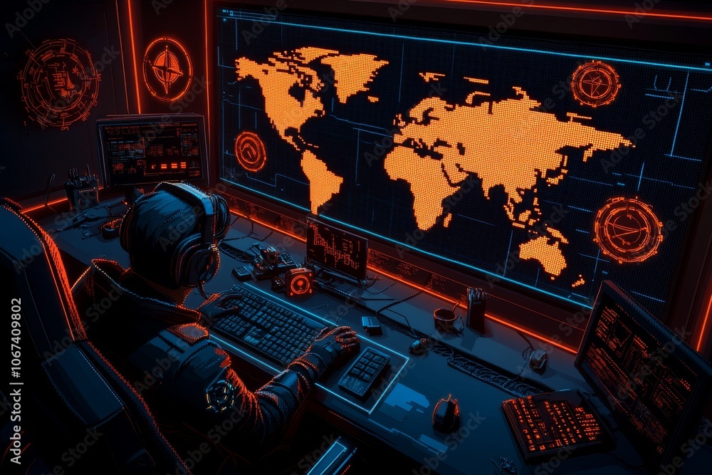 Poster pixel art of a cyber intelligence center with pixelated world map and threat icons, evoking retro te
