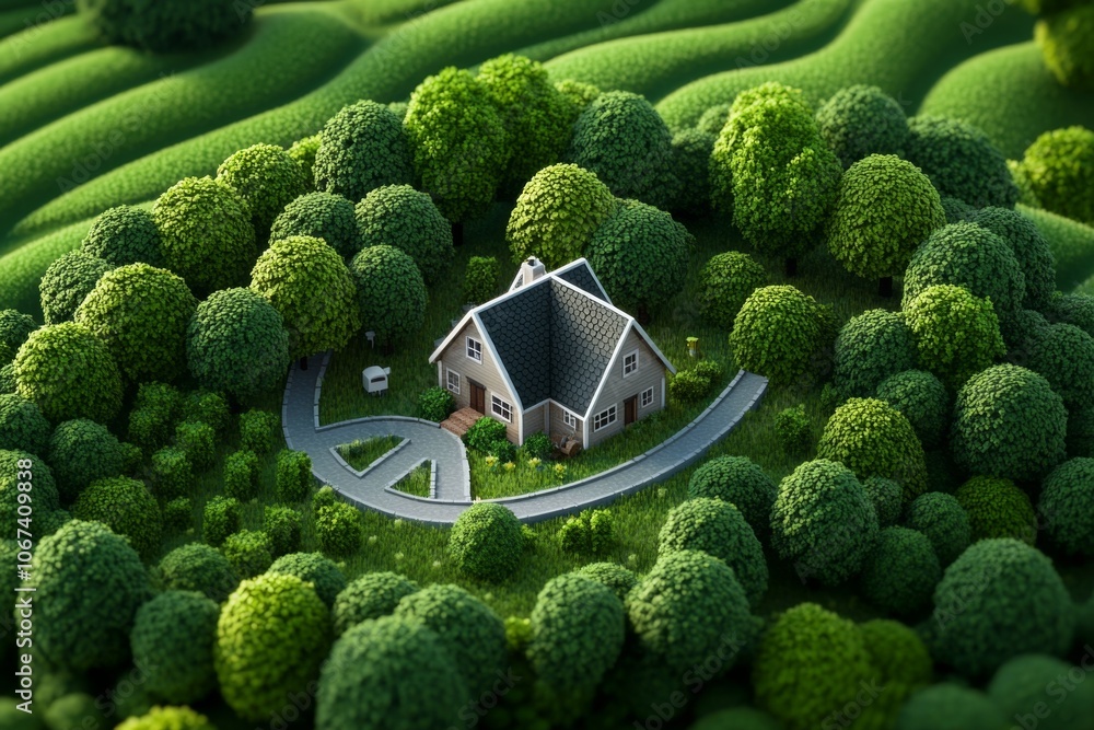 Poster pixel art of a small, affordable rural house surrounded by trees and fields, capturing a retro gamin